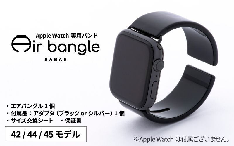 Apple Watch 専用バンド 「Air bangle」 ピアノブラック（42 / 44 / 45モデル）アダプタ シルバー