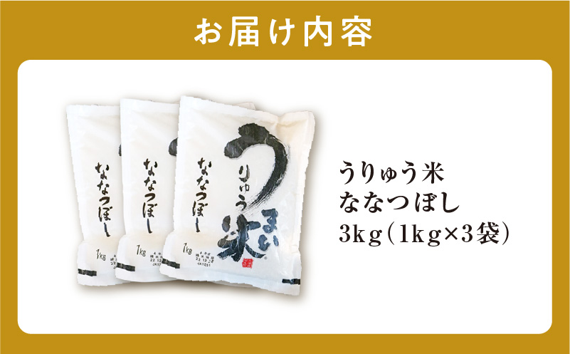 【8月配送】うりゅう米ななつぼし3kg（1kg×3袋）お米 米 ごはん ご飯 特A 単一原料米 お弁当 国産 人気 おすすめ kome 雨竜町