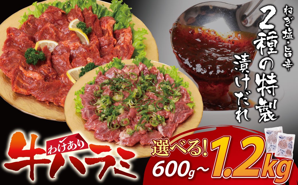 
                  【訳あり】牛ハラミ肉(旨辛、ねぎ塩) 選べる！ 600g～1.2kg 旨辛 ねぎ塩 牛肉 焼肉 味付け肉 BBQ 簡単 冷凍 家庭用 大人気  手軽 W61 ★レビューキャンペーン開催★ 《福智町チャンス》
                