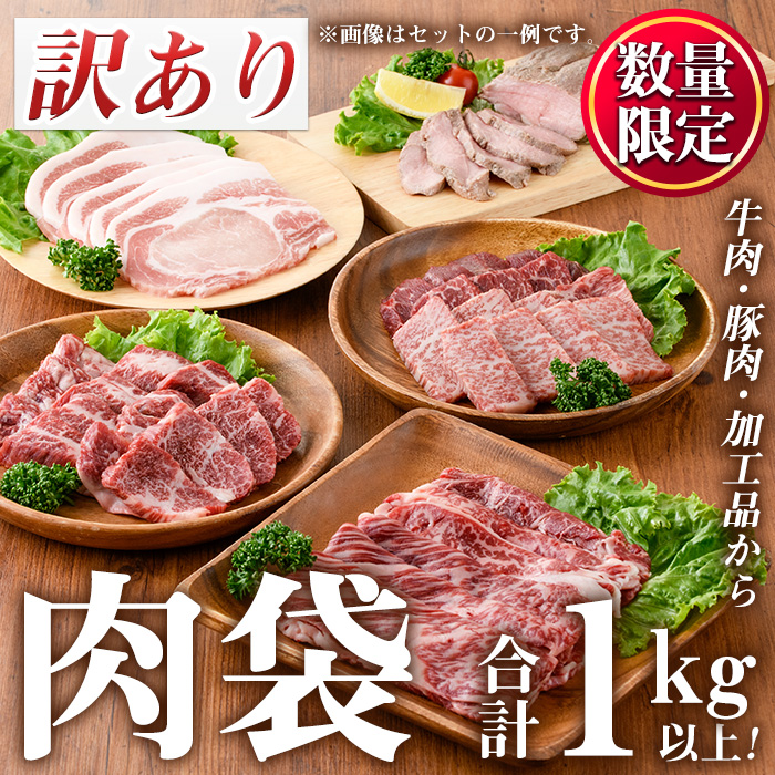 No.834 ＜訳あり・賞味期限間近＞お肉屋の肉袋！お楽しみ福袋(合計1kg以上！)国産 九州産 牛肉 黒毛和牛 和牛 豚肉 加工品 焼肉 焼き肉 スライス ステーキ ホルモン しゃぶしゃぶ 焼肉 食べ比べ セット キャンプ BBQ 訳あり 訳アリ 冷凍 福袋【カミチク】