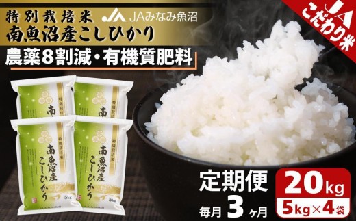 【JAみなみ魚沼定期便】特別栽培米南魚沼産こしひかり8割減（20kg×全3回） ≪精米 農薬8割削減 有機肥料 精米HACCP認定工場 特A獲得日本一産地 高品質精米 もっちり甘い 南魚沼産コシヒカリ 定期便 コシヒカリ こしひかり 銘柄米≫