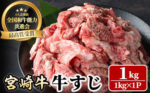 宮崎牛 牛すじ(1kg) 希少部位 BBQ 牛肉 肉 ブランド牛  冷凍 国産 精肉 お取り寄せ 黒毛和牛 宮崎県 【LJ016】【レグセントジョイラー株式会社】