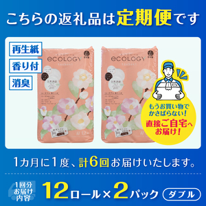 定期便 全6回 トイレットペーパー エコロジー ダブル 12ロール2パック エンボス 消臭 ベビーローズの香り 再生紙 環境に優しい SDGs 無地 無色 備蓄 日用品 消耗品 生活用品 毎月発送 富
