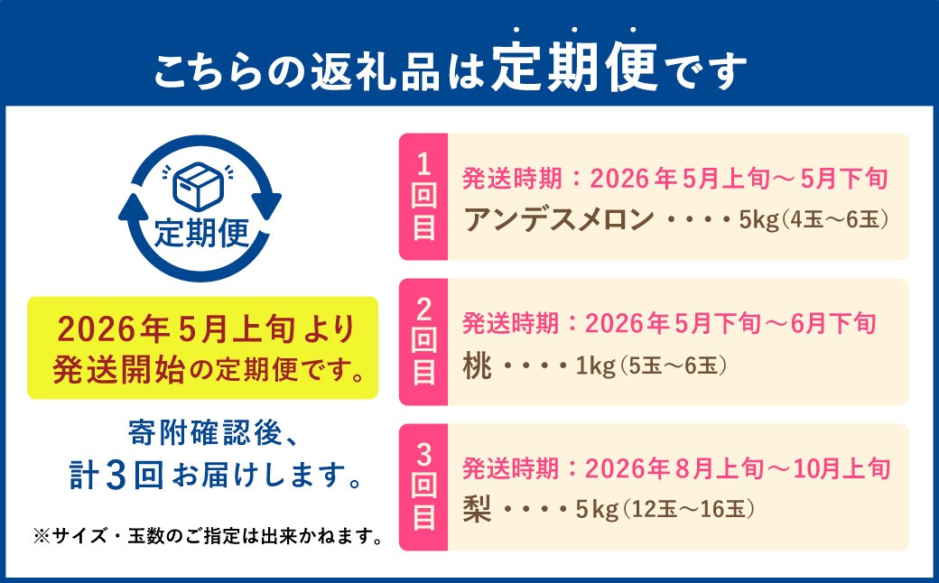 【フルーツ3回定期便】 アンデスメロン5kg＋桃1kg＋梨5kg