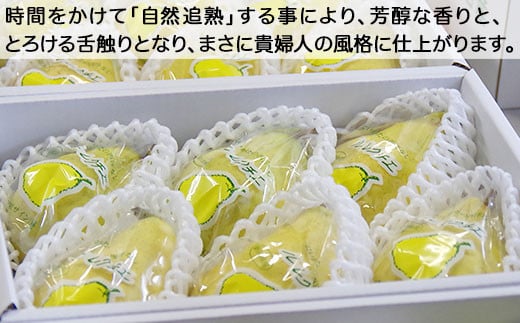 じっくりと時間をかけて「自然追熟」する事により、芳醇な香りと、とろける舌触りとなり、まさに貴婦人の風格に仕上がります。