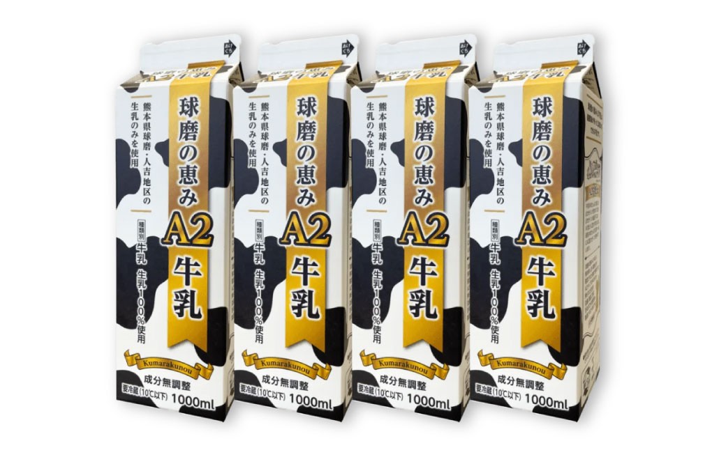
            球磨の恵みA2牛乳 4本パック 合計4000ml 牛乳 ミルク Bカゼイン βカゼイン 冷蔵 九州 熊本県産 人吉球磨
          
