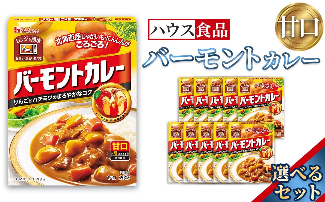 
            バーモントカレー　甘口　レトルト食品　レンジ対応商品 ／ レトルトカレー カレー ハウス食品 レンジ 湯煎 湯せん 時短 簡単 簡単調理 防災食 長期保存 非常食 ローリングストック レトルト 災害 備蓄 常温保存 選べる 10個 20個 30個 セット 愛知県 No.284
          