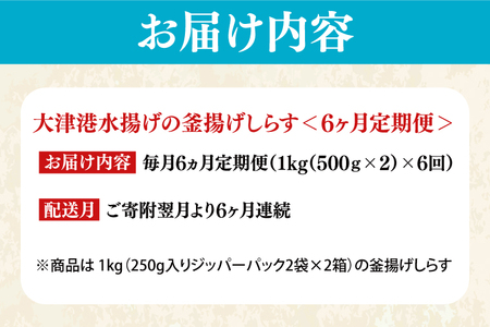 大津港水揚げの釜揚げしらす＜6ヶ月定期便＞＜毎月＞　1kg×6回【海鮮 魚介類 しらす シラス ご飯のお供 たっぷり お手頃 個包装】(AS112)