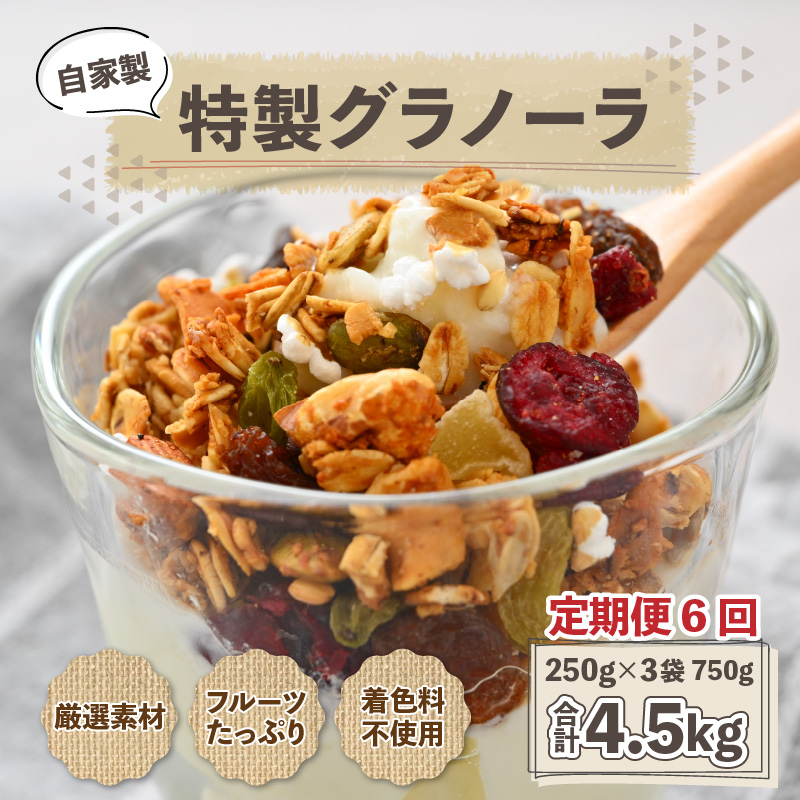 ＜定期便6回＞自家製 フルーツグラノーラ 250g×3袋 750g（計4.5kg）《配合や素材にこだわり1つ1つ手作り！》／ 着色料不使用  オーガニック 果物 ドライフルーツ オートミール ヨーグルト 牛乳