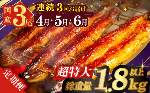 ≪定期便全3回≫4月・5月・6月お届け!!うなぎ蒲焼 超特大3尾 (総重量1.8kg以上) 鰻 魚 魚介 加工品 国産_T026-009