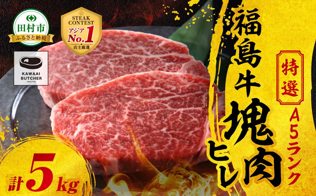 
            【 厳選 福島牛 A5 】塊肉 ヒレ 5kg スパイス付き ブロック肉 ひれ ヒレカツ ひれかつ ステーキ BBQ ローストビーフ チャンピオンスパイス 高級肉 冷凍 保存 肉 牛肉 焼肉 贈答 ギフト プレゼント 人気 ランキング おすすめ グルメ イチオシ 福島県 福島 ふくしま 田村 田村市 たむら 川合精肉店
          