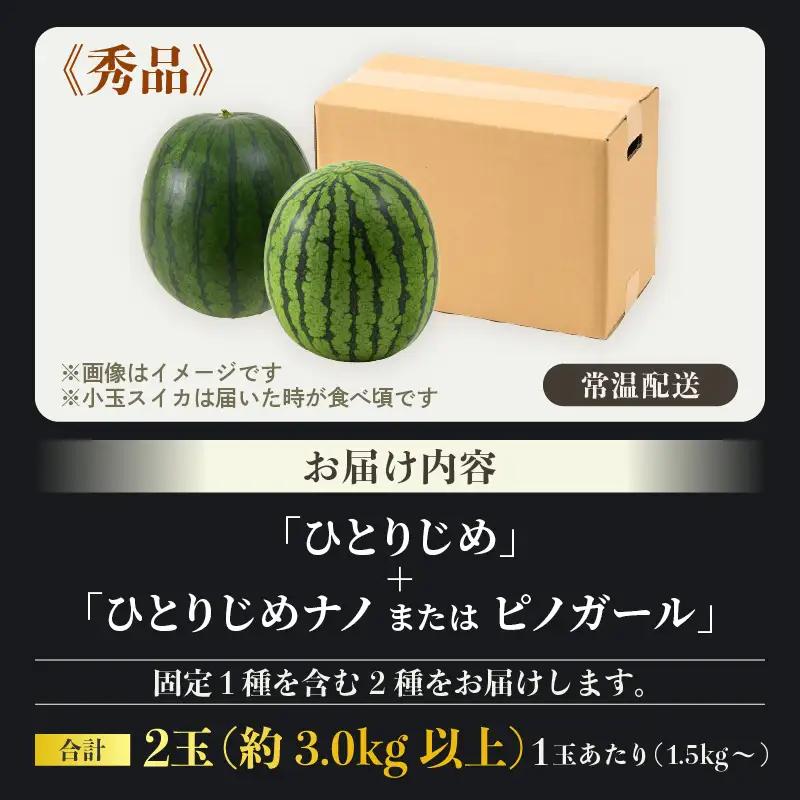 【先行予約】抜群の甘さ！佐藤農園の小玉スイカ 食べ比べセット(ひとりじめ+ひとりじめナノまたはピノガール) 2玉（計3kg以上）／ 秀品 農家直送 有機肥料 低農薬 ※2027年5月下旬～6月末の間に