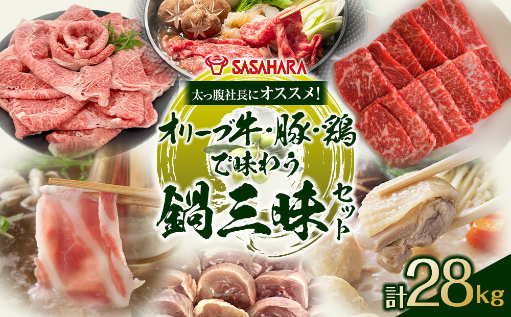 太っ腹社長にオススメ！オリーブ牛・豚・鶏で味わう　鍋三昧セット 計28kg 372013_HM247