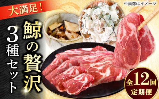 【12回定期便】　厳選！3種鯨定期便/ 煮しめ鯨120g×5パック 炙り用脂筋肉スライス（生）：400ｇ（200g×2パック）特上ゆかけ鯨（畝）：100g×3パック 小値賀町 /中島（鯨）商店 [DBM020]
