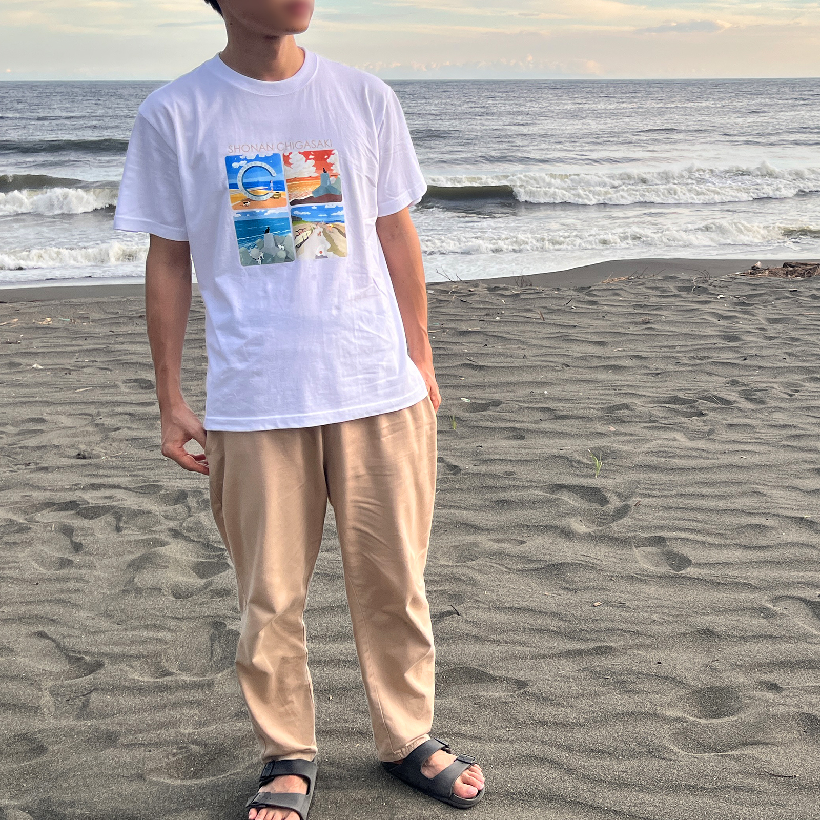 湘南・茅ヶ崎で描く、海を感じるイラストアート 『湘南ランドスケープ：Tシャツ（ Sサイズ）』 /風景 犬 猫 景色 デザイン ビーチ 海辺 サザンC
