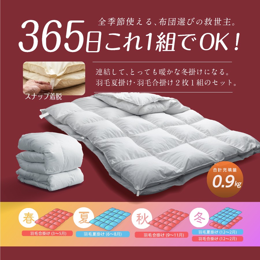 【オールシーズン対応】洗える 2枚合わせ羽毛布団 シングル ホワイトダックダウン85%（06+03）通年 羽毛 掛けふとん 寝具