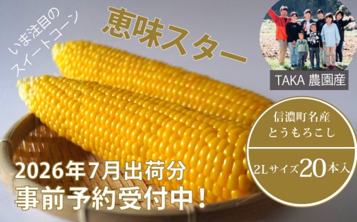 2026年夏の早期予約受付開始！信濃町名産とうもろこし『TAKA農園の恵味（めぐみ）スター』2Lサイズ（1本450ｇ相当）×20本セット｜生でも食べられる信濃町産スイートコーンの人気品種 令和8年7月中旬～下旬に出荷予定【長野県信濃町ふるさと納税】