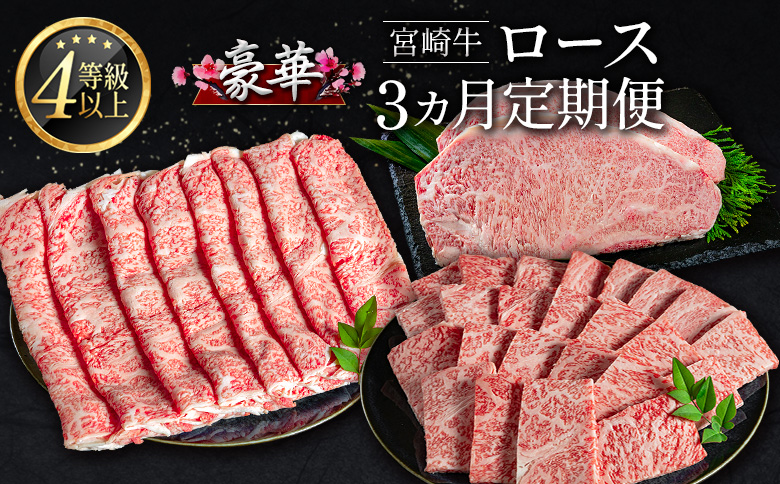 豪華宮崎牛 ロース 3か月定期便 牛肉 焼肉 ステーキ BBQ 国産 宮崎県産【E225-2510】