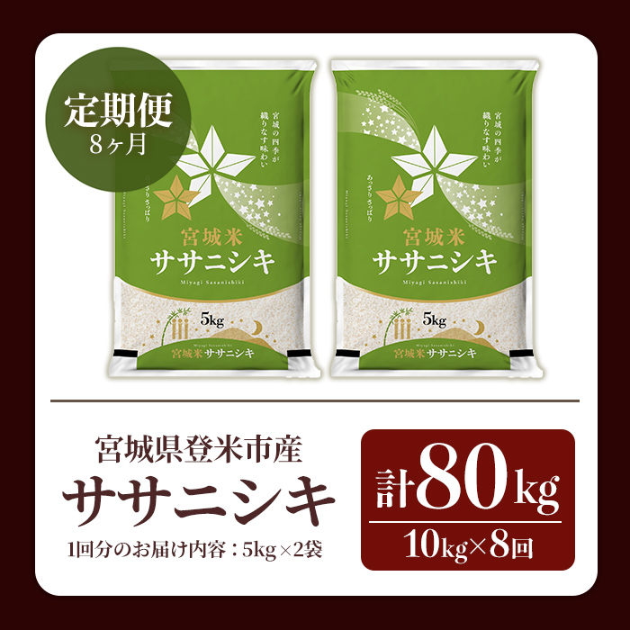≪令和7年産≫【8回定期便】ササニシキ 計80kg (10kg×8回配送) 登米市産 お米 おこめ 米 コメ 白米 ご飯 ごはん おにぎり お弁当 8か月 頒布会【登米ライスサービス株式会社】tm48