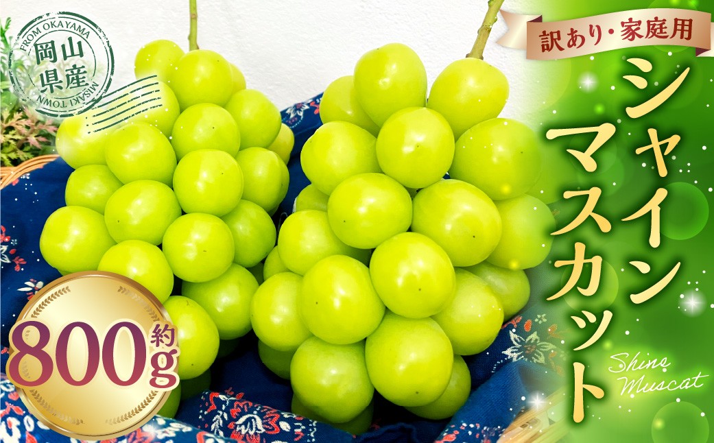 
                  訳あり 家庭用 シャインマスカット 800g以上 1房入り マスカット ぶどう ブドウ 葡萄 グレープ フルーツ 果物 デザート おやつ 種なし 皮ごと 旬 岡山県 美咲町 【2026年9月上旬から10月上旬頃発送予定】
                