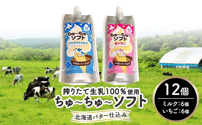 【十勝産生乳100％】 飲むソフトクリーム 100ml×12個 ちゅ～ちゅ～ソフト（ミルク6/いちご6）【 バター 仕込み ジェラート アイス ミルク いちご アイスクリーム ソフトクリーム デザート スイーツ ミルク 詰め合わせ 北海道 十勝 幕別 】