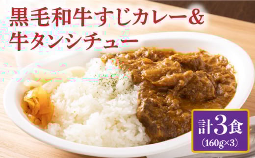 黒毛和牛 牛すじカレー＆牛タンシチュー 計3食 長与町/炭火焼肉あおい [EBW006] 黒毛和牛 カレー かれー レトルト 牛タン 牛たん シチュー しちゅー 簡単 常温