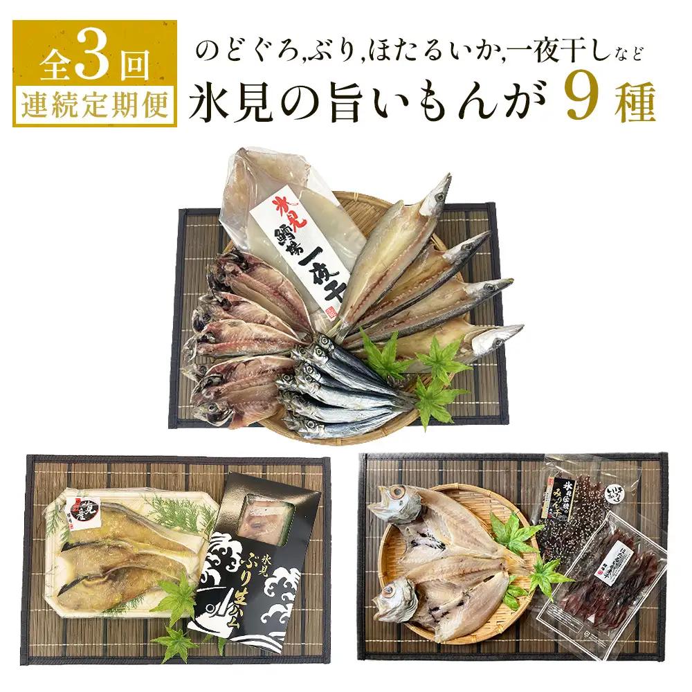 【定期便全３回連続お届け】 「のどぐろ」「氷見ぶり」「ほたるいか」「氷見産一夜干し」など氷見の旨いもんが９種！ 富山県 氷見市 ノドグロ ホタルイカ ブリ 魚介 冷凍 詰め合わせ