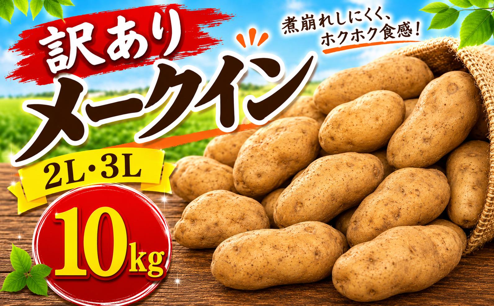 
                  じゃがいも 訳あり メークイン 約 10kg ジャガイモ 芋 いも イモ  2L 3L 規格外品 訳アリ 野菜 やさい シチュー 肉じゃが ポテトサラダ 炒め物 旬 茨城県 鉾田市 マルシュク出荷組合
                