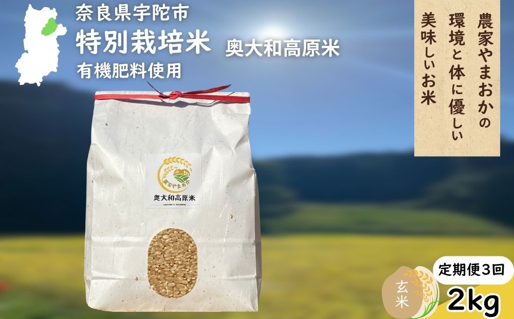 【定期便3回】特別栽培米 ＜令和7年産 玄米2kg ＞ / ふるさと納税 栽培期間中農薬不使用 米 お米 こめ コメ 国産 新米 玄米 農家やまおか 奈良県 宇陀市