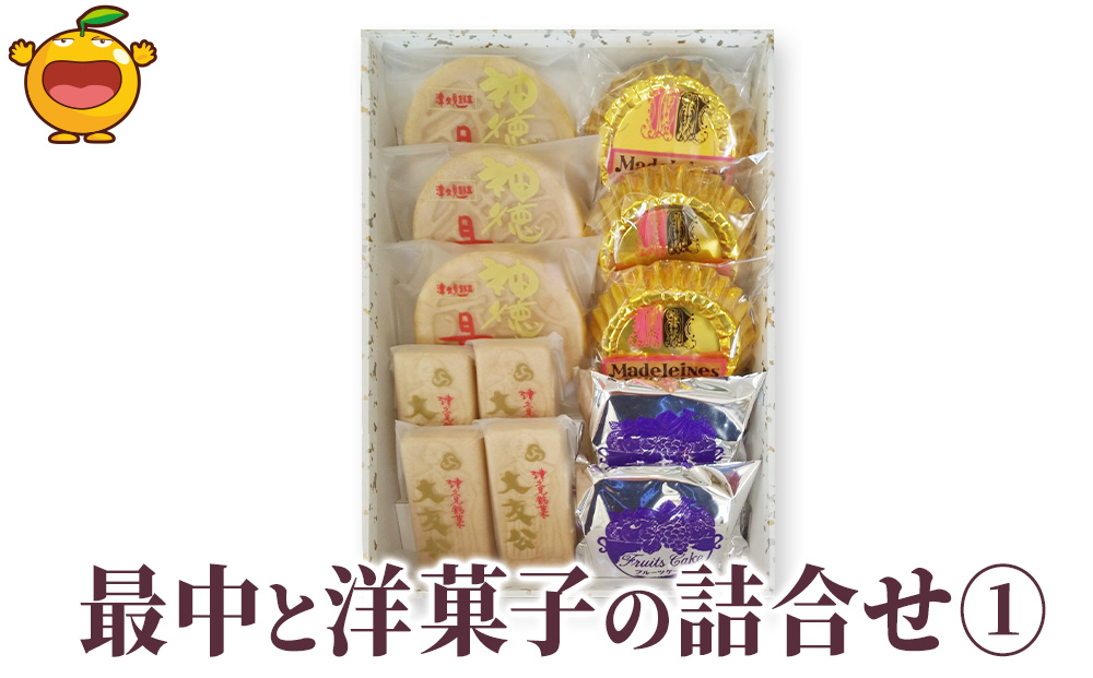 最中と洋菓子の詰合せ(神徳の最中・大友公・マドレーヌ・フルーツケーキ) もなか 最中 粒あん こし餡 マドレーヌ フルーツケーキ 洋菓子 和菓子 茶菓子 詰め合わせ ギフト 大分県産 九州産 津久見市