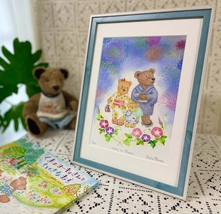 フレーム入り版画「花火の思い出」絵本作家おまたたかこジークレー版画