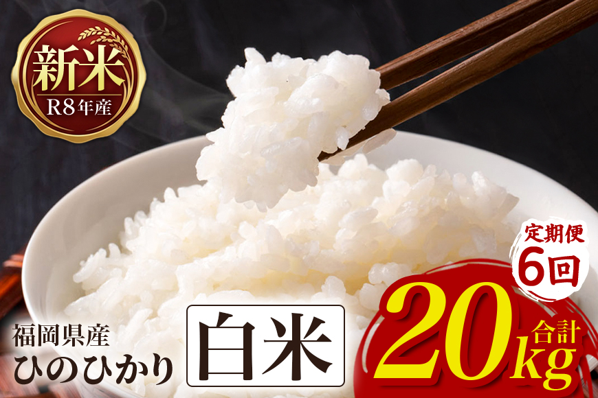 【6回定期便】 ひのひかり 米 お米 白米 20kg 20キロ 令和8年産 新米 福岡県産 うきは市 国産 精米 ご飯 ごはん おにぎり お弁当 人気 おすすめ 家庭用 ギフト プレゼント お中元 お