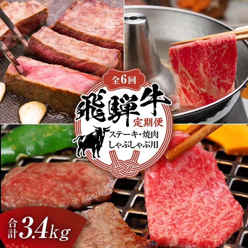 【ふるさと納税】【定期便】飛騨牛 全6回 合計3.4kg ステーキ 焼肉 しゃぶしゃぶ 牛肉 黒毛和牛 5等級 肉 岐阜県 坂祝町 さかほぎ F6M-061