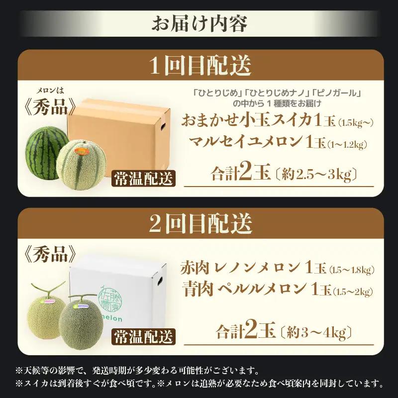 【先行予約】《定期便全2回》佐藤農園のフルーツ定期便 朝採り 計4玉（小玉スイカ・マルセイユメロン・レノンメロン・ペルルメロン）農家直送 秀品 お届け！※2027年5月下旬～7月末の間に順次発送 [a