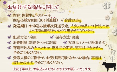 【10回定期便】佐賀牛ヒレ180g×6枚  V-26