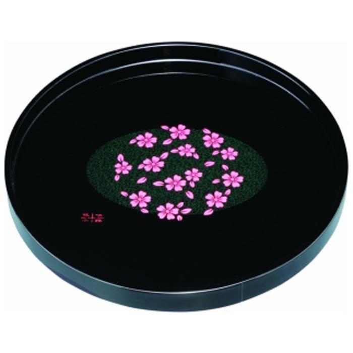 木製丸盆 30cm 黒 花咲小路【YG393】　CC46