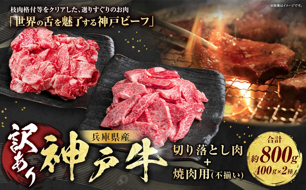 
            訳あり 神戸牛 切り落とし肉 約400g・焼肉用（不揃い）約400g 計800g AKSY2 牛肉 肉 切り落とし肉 切り落とし 焼肉 神戸ビーフ 冷凍 兵庫県 赤穂市
          