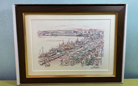 【館鼻岸壁朝市】八戸の風景 複製画 26.5×36.0×3.0 800g 風景画 額付き マット 青森県 八戸市