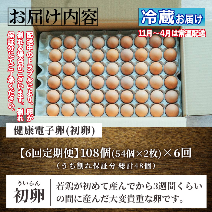 ≪定期便・全6回≫鹿児島県産！健康電子卵・初卵(赤卵のみ)(計648個・54個×2枚×6回) 国産 九州産 たまご タマゴ 玉子 生たまご 若鶏 若鳥 新鮮 鶏卵 赤卵 常温 定期 連続 小玉 パック