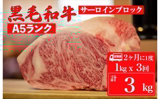 【定期便：2ヶ月に1度】黒毛和牛 A5ランク サーロイン ブロック 1kg×3回 計3kg (ステーキ用ソース付)  和牛 冷蔵 冷蔵便 ブロック肉 牛肉 ステーキ肉 サーロインステーキ 焼肉 BBQ 赤身 焼き肉 ブロック ３回 定期 3ヶ月