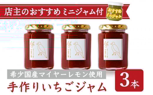 手作り いちごジャム 160g ３本 セット 希少 国産 マイヤーレモン お得 お試し ミニジャム付 保存料 着色料 不使用  ジャム フルーツ 果物 いちご 苺 果肉 パン 朝食 朝ご飯 贈り物 贈答 箱詰め プレゼント ギフト 手作り ハンドメイド  詰め合わせ スイーツ おやつ ケーキ パンケーキ 美味しい 三重県 尾鷲市 KA-38