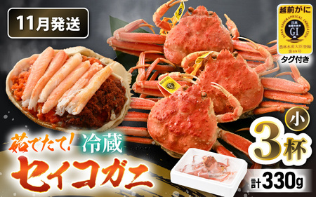 【先行予約】【冷蔵】 旬のセイコガニ 小 3杯 計330g以上（茹で前）【2025年11月上旬以降順次発送予定】説明書付き 食べ切数量！全て地物！天然！ ズワイガニメス [m21-x001_11]