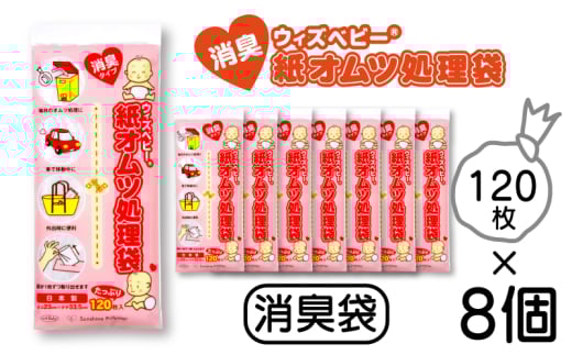 【消臭 紙オムツ処理袋 】Mサイズ 120枚入 8個セット【ウィズベビー】携帯に便利 赤ちゃんのオムツだけでなくペットのウンチや生ゴミ処理にも 臭わないポリ袋