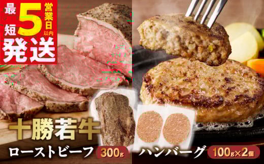 【最短5営業日以内に発送】牛肉サミット金賞受賞！十勝若牛のローストビーフ・ハンバーグセット 国産 小分け 簡単調理 惣菜 おかず ハンバーグ お弁当 焼くだけ 牛肉 牛 肉 ローストビーフ ブランド牛 冷凍_S003-0025