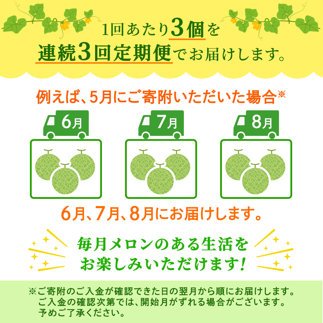 【定期便】 アールスメロン 3玉 × 3か月連続 メロン ギフト 高糖度 甘い 美味しい フルーツ 誕生日 プレゼント ギフト 贈り物 父の日 母の日 3個 [FC51-NT]
