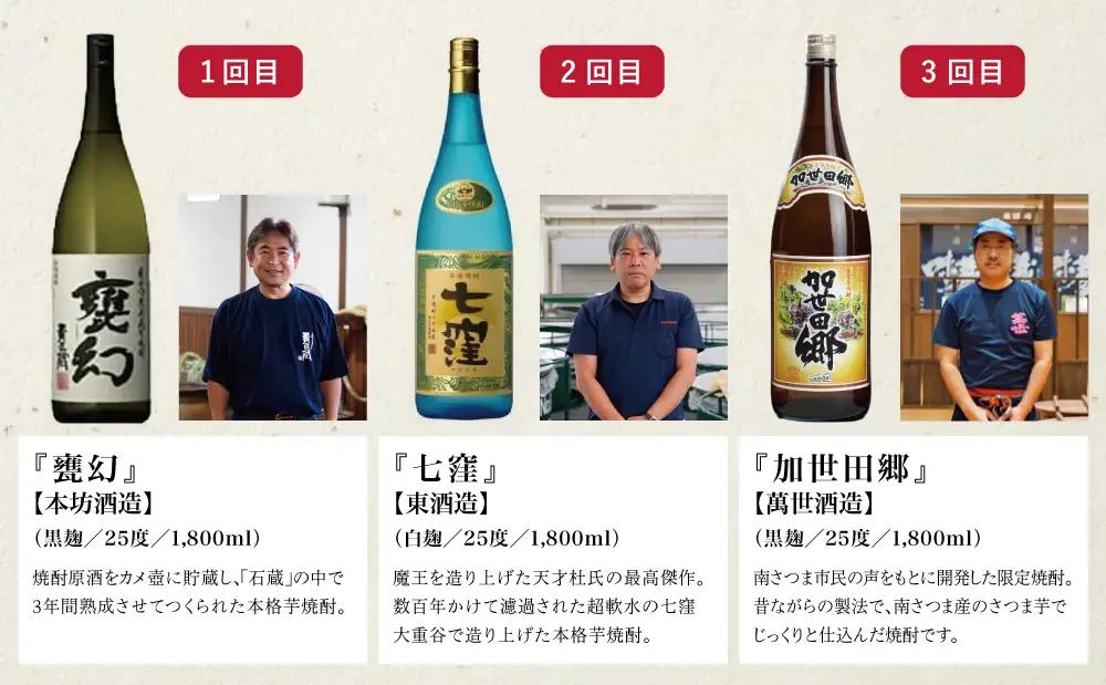 【定期便】本格芋焼酎 蔵元厳選定期便 全7回（一升瓶コース 薩摩焼黒千代香付き） 焼酎 芋焼酎 飲み比べ セット ハイボール 1.8L 1800ml 定期便 本坊酒造 東酒造 萬世酒造 吹上焼酎 杜氏