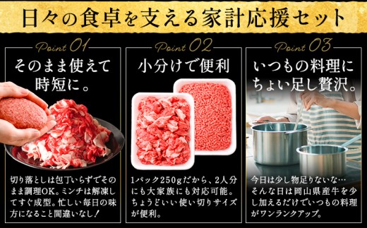 【3ヶ月定期便】牛肉 国産 切り落とし ミンチ セット 家計応援 岡山県産牛 交雑牛 2kg×3回 小分け 1パック250g《お申し込み月の翌月から出荷開始》岡山県 浅口市 肉 こま切れ ひき肉 グル