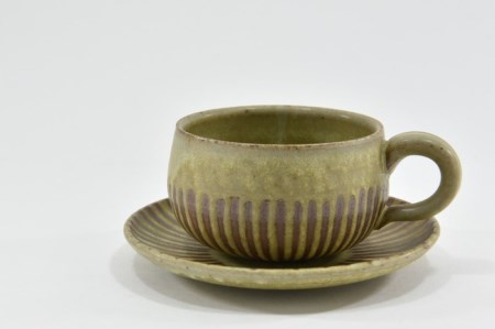 京焼「新羅釉木賊紋コーヒー碗・皿」(ピスタチオグリーン)1セット〈カップ 食器