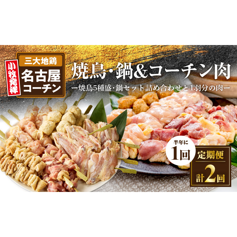 【半年に1回　計2回定期便】名古屋コーチン焼鳥セット・名古屋コーチン鍋&名古屋コーチン1羽分セット［001T09-T］