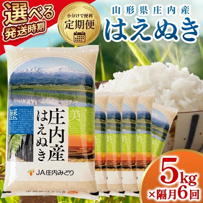 
                  ≪隔月6回定期便≫ はえぬき 5kg×6回 計30kg 山形県庄内産 隔月で中旬頃お届け JA 農協 産地直送 精米 白米 庄内米 東北 遊佐町 ブランド米 お米
                